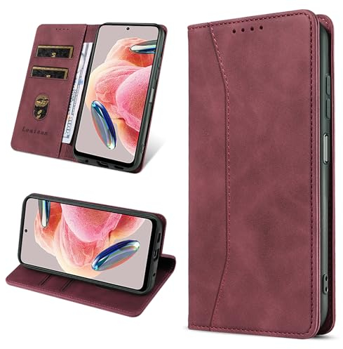 Leaisan Handyhülle für Xiaomi Redmi Note 12 4G Hülle Premium Leder Flip Klappbare Stoßfeste Magnetische [Standfunktion] [Kartenfächern] Schutzhülle für Redmi Note 12 4G Tasche - Wein Rot