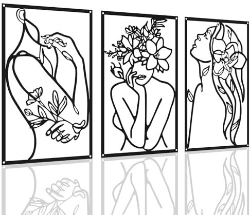 Metall-Wanddekorationen für Schlafzimmer, 3 Stück, Metall-Wandkunst, minimalistische Frau, abstrakte Wanddekoration, 35 x 20 cm, moderne schwarze weibliche Blumenlinie, Wandskulptur, zum Aufhängen für