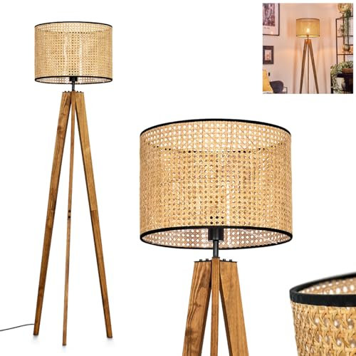 Stehleuchte Ramila, Stehlampe aus Holz/Metall/Wiener Geflecht in Natur/Schwarz, Leuchte im skandinavischen Design mit rundem Schirm (Ø 40 cm) u. Fußschalter, Höhe 161 cm, 1 x E27, ohne Leuchtmittel