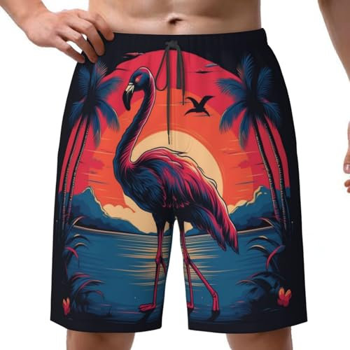 PAQGSREM Short de bain pour homme à séchage rapide - Short de plage amusant, Palmier flamant rose punk, XL