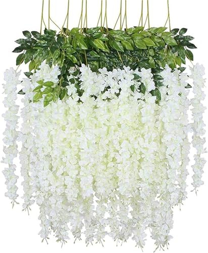 Yeehliny Künstlich hängende Blumen, Blauregen Seidenblumen,hängende Dekoration Garland Seide Blumen für Party Home Dekoration Hochzeiten, 110 cm, 12 stück (Reines Weiß)