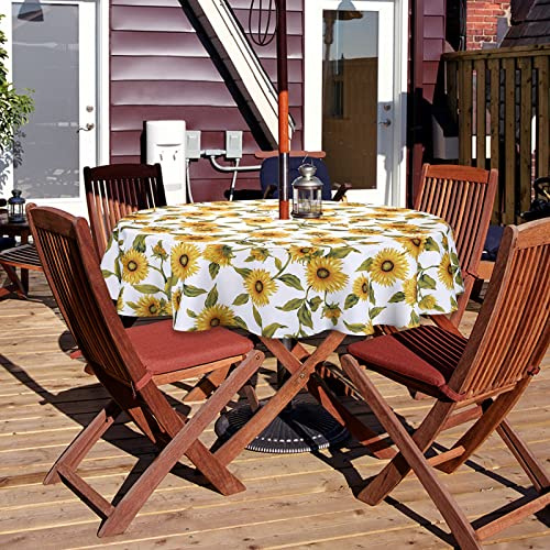Qucover Sonnenblumen-Outdoor-Tischdecke, rund, mit Sonnenschirmloch und Reißverschluss, 100 % Polyester, schmutzabweisend, abwischbar, Gartentischdecke, 180 cm, für Grillabende, Familienfeiern, Partys
