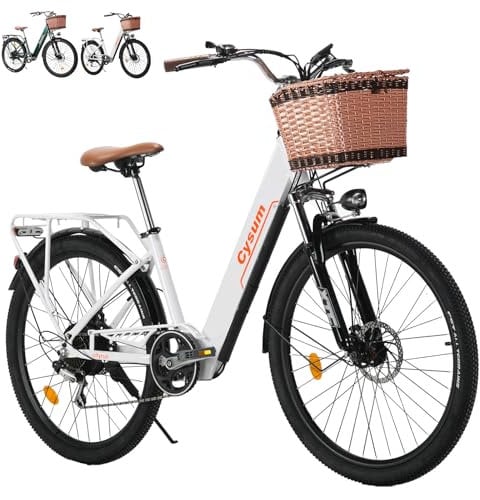 cysum 250W Vélo électrique Urbain Femme, 26 Ville Ebike 7 Vitesses, Banlieue City Electric Bicycle Classique, Pédalage Assisté, Batterie 36V 10Ah, Portée 60-80km, Frein à Disque (Blanc)