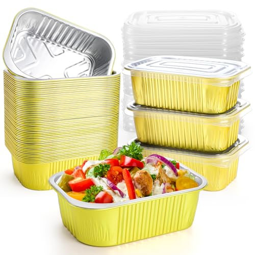 DEAYOU 50 Pack Small Aluminum Pans with Lids, 710ml/24oz 1.5 LB Heavy Duty Disposable Foil Cake Baking Tins, Mini Loaf Pans Takeout Food Containers for Leftover, Meal Prep, Freezer, 6.3 x 4.4 x 2.1