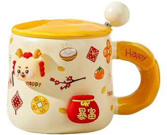 CAPIJIONG Niedliche chinesische Keramiktasse mit Deckel, Löffel, Cartoon-Paar, Heim, Büro, Milchkaffeetasse, 400 ml, Gelb