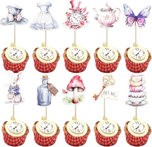 40 Pack Alice in Wonderland Cupcake Toppers Tea Bowl Clock Magic Cat Bunny Eat Me Cupcake Picks Tea Party Cupcake Decoration for Baby Shower Birthday Party Cake Decorations Supplies