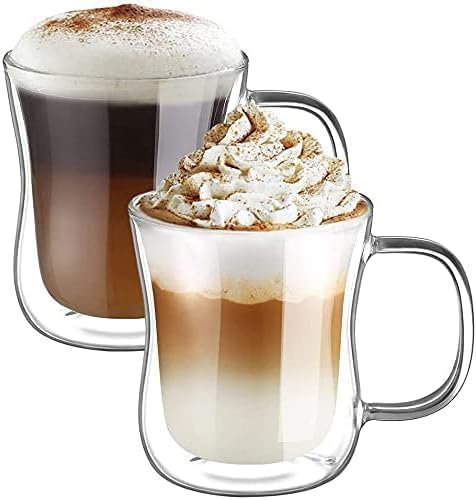 2x350ml Double Walled Coffee Glasses Mugs Cappuccino Latte Macchiato Glasses Cups with Handle Borosilicate Heat Resistant Glass Cups for Coffee Tea Milk Juice Ice Cream