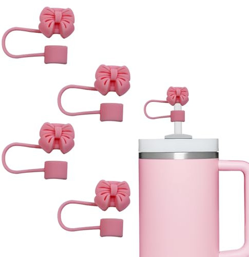4 Pcs Pink Bow Straw Cover Compatible with Stanley 30&40 oz Tumbler Cups, 10mm Reusable Silicone Straw Toppers for Stanley Cup Accessories Aesthetic Stuff