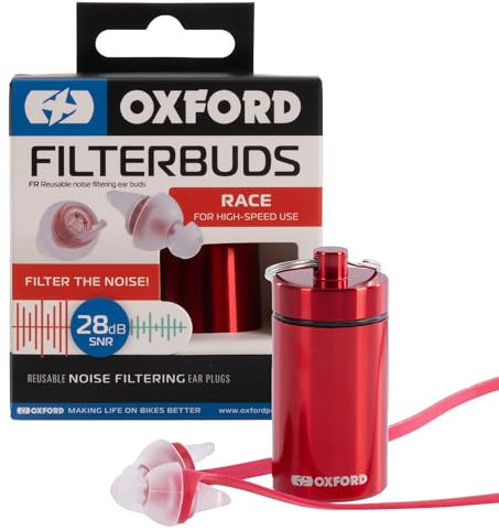 Oxford FilterBuds Race 28 SNR Motorbike Earplugs for Noise Reduction Reusable Hearing Protection Wind Blocking Advanced Filters TPE Neck Cord Storage Canister for Motorcycle Riders