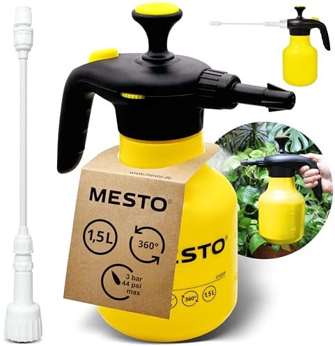 Mesto BUGSI 360° Drucksprüher 1,5L Set inkl. MESTO Verlängerungsrohr 27cm | Sprühflasche für Garten & Pflanzen | Pumpsprühflasche | Sprühgerät mit 2 in 1 Ventil | Pflanzensprüher | Verstellbare Düse