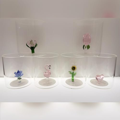 Generico Set 6 Bicchieri in Vetro Borosilicato - Fiore - 250ml con Decorazione in Vetro Colorato Interna