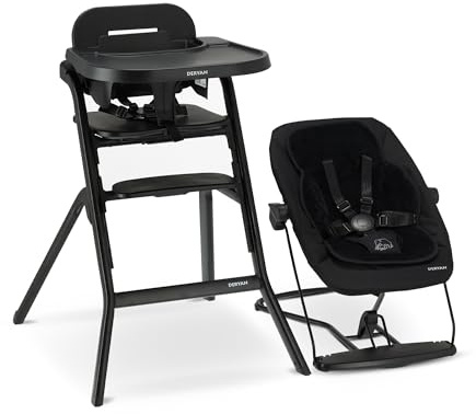 Deryan Curve Hochstuhl Baby & Kleinkind, Faltbarer Mitwachsender Holzhochstuhl, Inklusive 5 Punkt Gurt, Höhenverstellbar & Klappbar, Inkl. Tablett, Newborn Set mit 2in1 Bouncer (Schwarz)