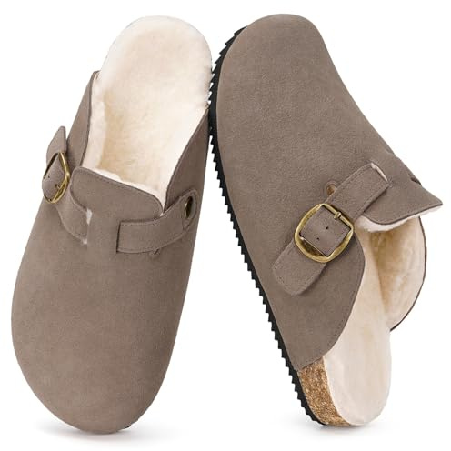 Dokela Hausschuhe Damen Herren Winter Clogs Gefüttert Pantoletten Wärme Plüsch Latschen Leder Schlappen Mit Fußbett rutschfest Schuhe Dunkelbraun 40