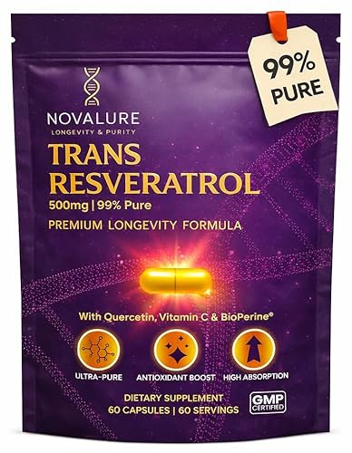 Novalure Resveratrol 500mg | 99% Pure | High Absorption with Quercetin, Vitamin C & BioPerine® | Longevity Supplement | Antioxidant & Anti-Aging Support | Heart & Cellular Health | 60 Capsules