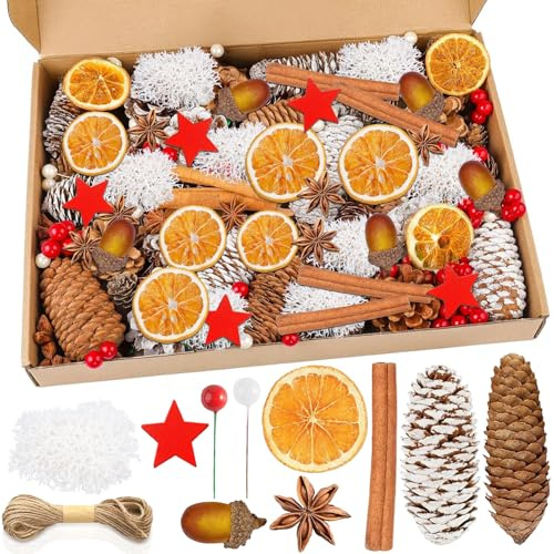 SaiXuan Kit de Décoration de Noël 117 Pièces, Matériaux Naturels avec Tranches d’Orange Séchées, Bâtons de Cannelle, Pommes de Pin, Étoiles et Baies, Décoration Noël DIY pour Couronne, Table et Sapin