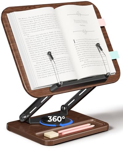 Viozon Book Holder for Reading, Book Stand 360° Rotating Base with Pen Slot, Cookbook Stand, Foldable Book Display Stand with Elastic Page Clips for Recipe,Textbook,7-17 Tablet,Laptop,Walnut Colour