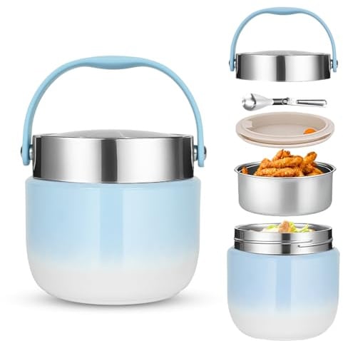 Contenitore Termico per Alimenti 1200 ml,Thermos per Alimenti Porta Pappa,ciotola termica con coperchio con cucchiaio pieghevole,Adatto per la conservazione di farina,zuppa,pranzo,formaggio (Blu)