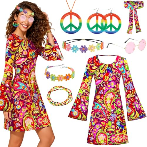 Oerphh 8PCS 60er 70er Hippie Jahre Bekleidung Faschings Kostüm Zubehör Damen Kleid,1970er-Kostüm,1960er-Party-Kostüm,Disco-Outfit,Hippie-Kleidung Accessoires,für Karneval Party Halloween Retro-Kleid