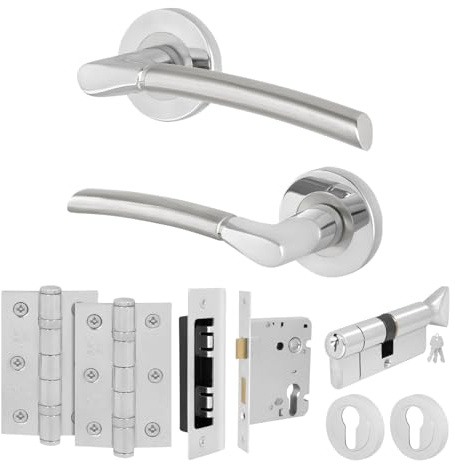 EAI Polished Chrome Door Handle Euro Lock Turn Cylinder Kit - Bova | Complete Kit with 1 Pair of Round Rose Door Handles, 100mm Euro Lock, Turn Cylinder, Fixings Included