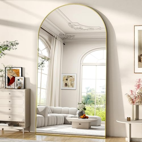BEAUTYPEAK 200x90 cm Großer Bogen Ganzkörperspiegel, Gewölbter Standspiegel hängend oder lehnend an die Wand, Groß Bodenspiegel mit Ständer für Schlafzimmer, Wohnzimmer oder Ankleidezimmer, Gold