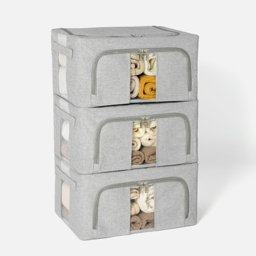 SYEXDZON Clothes Storage Boxes, Thickened Metal Frame, PP Base Panel, 66L | Grey, 3pcs, 5mm Metal Frame, Cotton-linen, Stackable, Storage Bags For Duvets, Blankets, Bedding, Towels, Sweaters