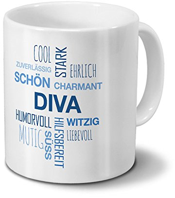 printplanet Tasse mit Namen Diva Positive Eigenschaften Tagcloud - Blau - Namenstasse, Kaffeebecher, Mug, Becher, Kaffeetasse
