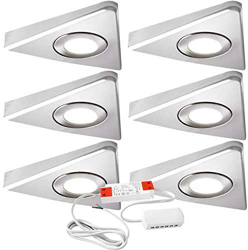 Modern Triangle Under Cabinet Kitchen Light & Driver Kit – Smooth Diffused LED – Slim Pyramid Worktop Light – Low Profile Surface Mounted (6X Light & Driver, Natural White LED, Brushed Nickel Bezel)