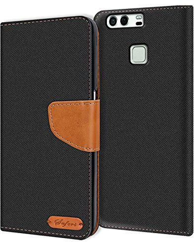 Verco für P9 Hülle, Schutzhülle für Huawei P9 Tasche Denim Textil Book Case Flip Case Klapphülle, Schwarz