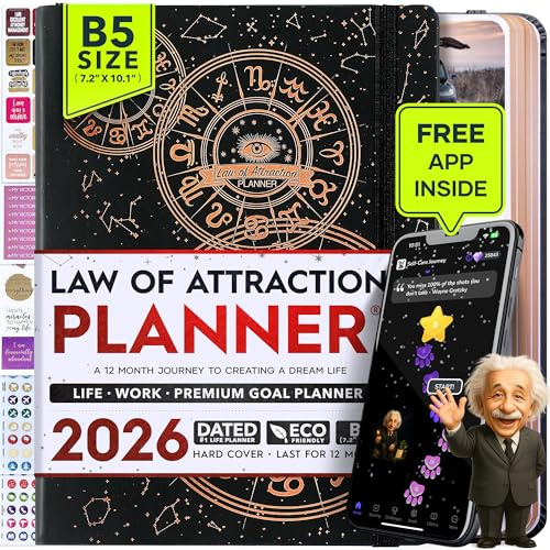 Law of Attraction Terminplaner 2026 – Wochen- & Monatsplaner Januar–Dezember | Life Organizer für Ziele, Produktivität & Achtsamkeit | Dankbarkeitstagebuch, Sticker & Geschenkbox