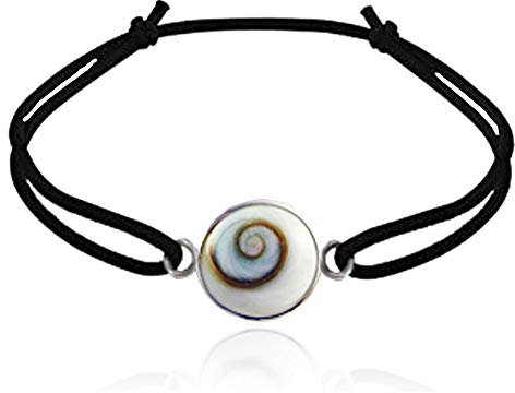 Bracelet cordon noir élastique - Oeil de Sainte-Lucie rond 1 cm diametre et argent