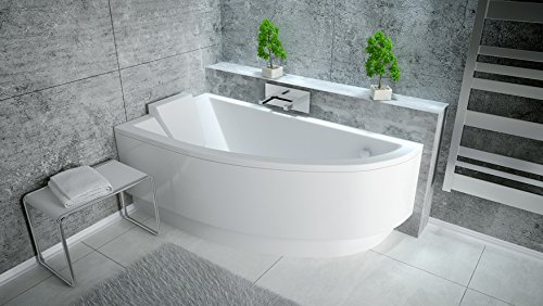 BADLAND Badewanne Original Weiß Acryl Wanne Eckbadewanne PRAKTIKA 140x70 Links KOMPLETTSET SET mit Weiß Acrylschürze + Füßen und Exklusive Chrom Automatik Ablaufgarnitur Made in EU 4in1