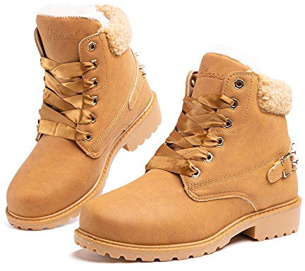 Hitmars Stivali Donna Invernali Stivaletti da Neve Pelliccia Scarpe Snow Boots Caldo Stringati Scarponi Bassi Antiscivolo Cachi-1 43 EU