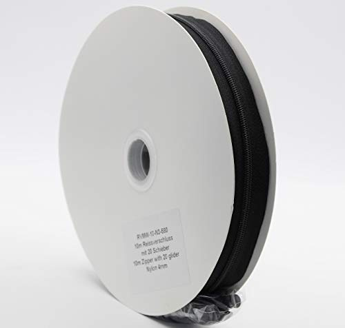10m Reisverschluß Meterware mit 20 Laufschiene Nylon 4+4mm (Schwarz)