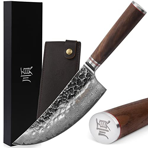 YOUSUNLONG Couteau de boucher couperet 8 pouces (205 mm) japonais martelé en acier inoxydable damas manche en bois de noyer naturel avec étui en cuir
