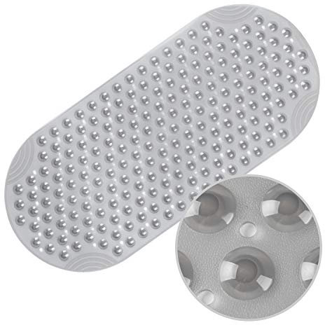 WELTRXE Bathtub Mat Bathroom 88x40cm Long Oval Vinyl Shower Mats Anti-Slip Anti-Mould Bath Tub Mat with 205 Suction Cups Soft Durable Safety for Elder Children Pets, Grey