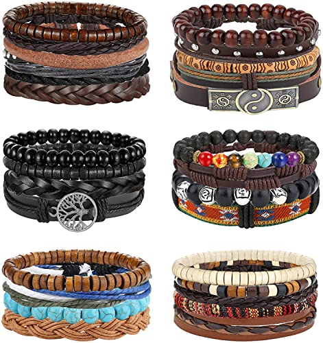 Milacolato 28 pièces Bracelet en Cuir Tressé pour Hommes Femmes Bracelet en Bois Arbre de Vie Bracelet Perlé Manchette Wrap Bracelet Réglable
