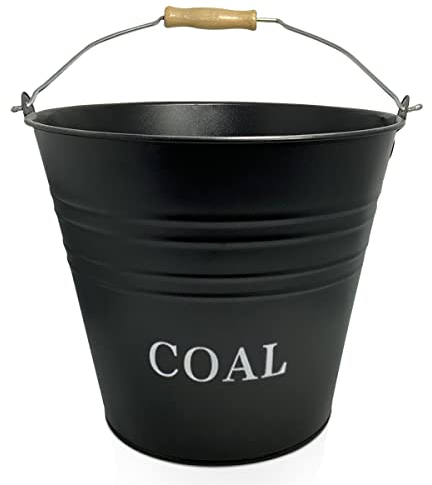 Winsome Coal Bucket with Wooden Grip Metal carry handle Black Coated Cast Iron Baskets Traeger drip Pail Pit Boss Oklahoma Joe's Grill Grease Bucket | 12 Liter Wide Open Top for Easy Filling