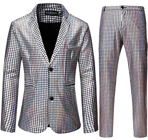 LucMatton Herren 2-teiliges Disco-Set, glänzende Jacke und Hose, metallische Pailletten, silber, L