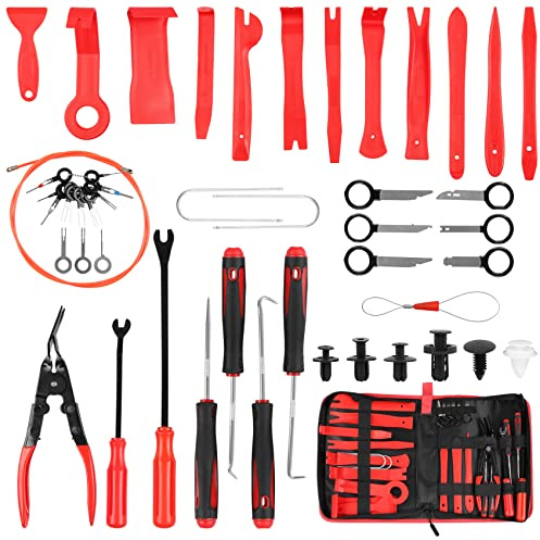 DOCAS 143PCS Outil Demontage Garniture Auto, Outils De DéMontage De Garnitures Trousse pour Panneaux de Garniture de Voiture Portes Tableaux de Bord Radios(Rouge )