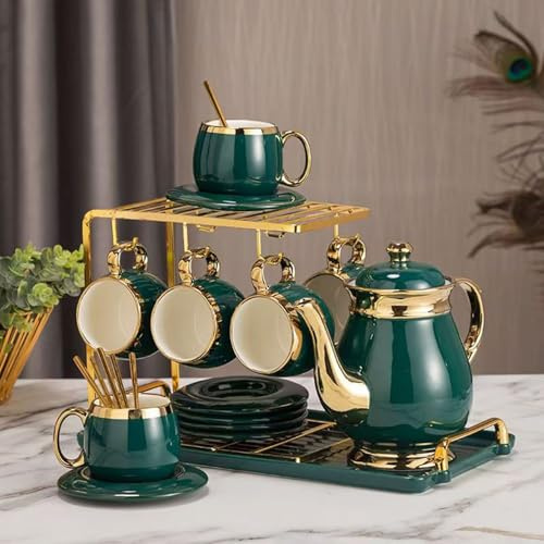 Jiawinng Afternoon Tea Coffee Cup and Saucer Set with Metal Holder, 8 OZ Cups & Saucer Service for 6, European Ceramic Tea Set for Adults Suitable for Home Office Wedding Gifts,D