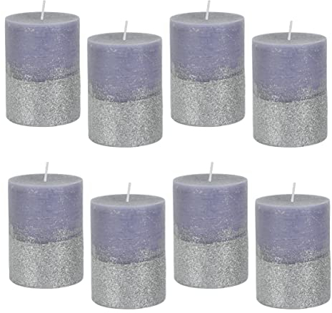 Stumpenkerze - Premium Qualität/Glitzernde Stumpen-Kerze, Brenndauer: 45 Stunden, Ø 75 mm x 100 mm/pajoma (4er Set, Grau/Silber)