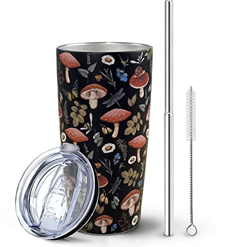 Paqoygl Mushroom Tumbler with Lid and Straw, Cute Leaf Floral Mushroom Gifts, Black Stainless Steel Vacuum Insulated Tumblers 20 Oz