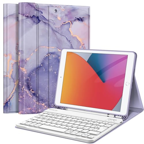 FINTIE Tastatur Hülle für iPad 10.2 Zoll (9/8/ 7 Generation - 2021/2020/2019), Schutzhülle mit TPU Rückschale, Pencil Halter und magnetisch Abnehmbarer Tastatur mit QWERTZ Layout, Marmor Lila