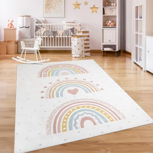 Paco Home Teppich Kinderzimmer Kinderteppich Spielteppich Kurzflor rutschfest Krone Herzen Punkte Sonne Regenbogen Buchstaben, Grösse:160x220 cm, Farbe:Rosa 2