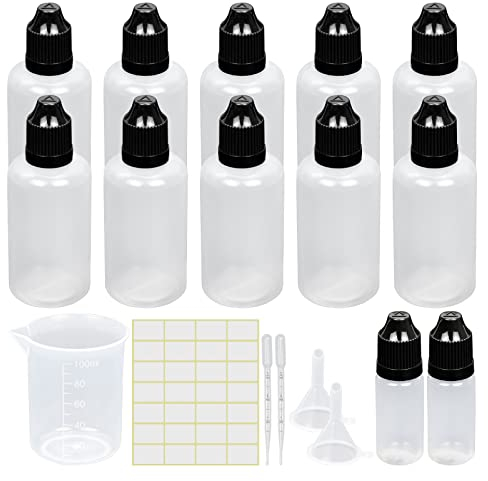 Reyshin 10 Pack 50ml Plastic Dropper Bottle, Plastic Empty Squeezable Dropper Bottles Eye Dropper Dispenser Paint Dropper Bottles with Funnel Measuring Cup Label Transfer Pipette, White