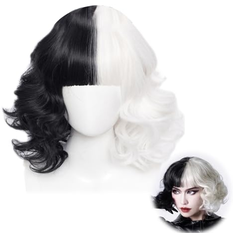 HIFOT Cruella De Vil Perücke Damen Kurz, Schwarz Weiß Perücke Mit Pony, Cosplay Perücke Locken Kurzhaar für Faschings Cruella De Vi KostüMe Damen Karneval Halloween
