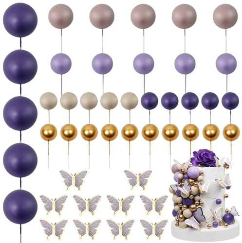 LARDUX 45 PCS Ball Cake Toppers - Butterfly Cake Decorations DIY Mini Balloon Cupcake Insert for Girls Women Birthday Party Baby Shower Wedding - Purple
