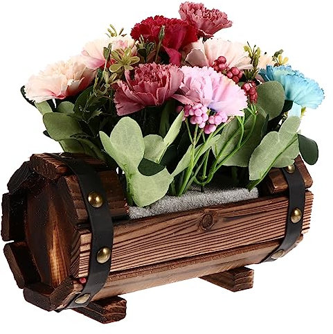 GANAZONO 1 Satz Blumentopf Künstliche Pflanze ländliche Einrichtung Kunstpflanzen für draussen hölzern Holz pflanzer anordnung Outdoor-Pflanzgefäße Holzfass für Blumen gefälschte Nelken