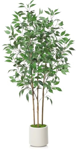 SOGUYI Ficus Artificial Tree 150cm Tall Fake Ficus Tree for Home Decor Indoor Faux Silk Ficus Plant Fake Floor Plant in White Imitation Ceramic Planter with Green Fake Moss, Set Of 1