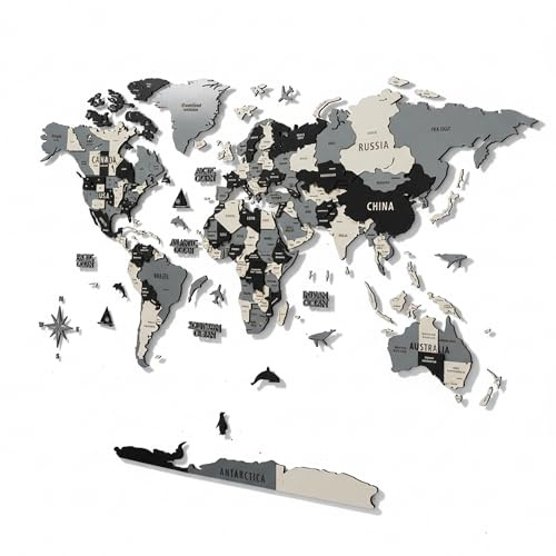 Colorfull Worlds 3D Wooden World Map Wall Art | Unique Wall Decor with Pins for Travel Enthusiasts | Home and Office Wall Décor | Grey | XXLarge